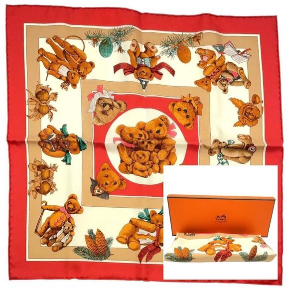 HERMES Vintage Carré 40cm 16” Teddy Bear Red Multicolor Silk Scarf W/Box NWT - Picture 1 of 15